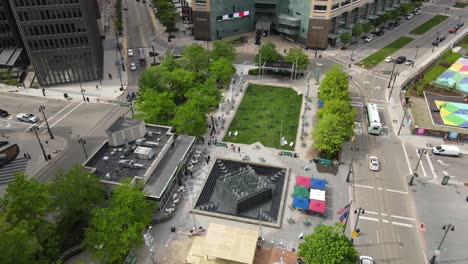 Campus-Martius-Park-and-Monroe-Street-Midway-in-Detroit-Michigan,-USA,-aerial
