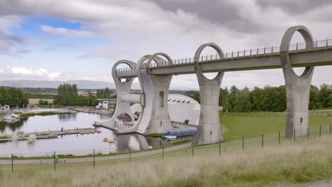 Falkirk-Wheel-boat-lift-which-can-be-rotated-in-Scotland,-United-Kingdom