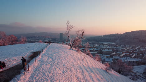 Aerial-flight-over-a-snowy-hill-circling-flying-towards-the-skyline-of-Winterthur,-in-Switzerland