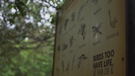A-close-up-shot-dollying-around-an-information-sign-board-with-details-of-the-different-species-of-birds-that-can-be-found-in-the-mangroves-at-the-Dr-Salim-Ali-Bird-Sanctuary,-Goa,-India