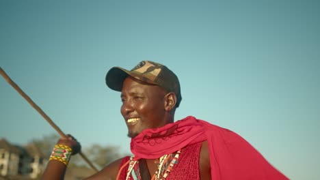 Black-African-Maasai-Warrior-Man-Holding-A-Spear-And-Preparing-To-Hunt-In-Kenya