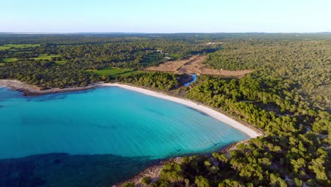 Luftaufnahme-Des-Strandes-Son-Saura-Mit-Klarem,-Blauem-Wasser-Auf-Menorca,-Spanien,-Weite-Umlaufbahnaufnahme