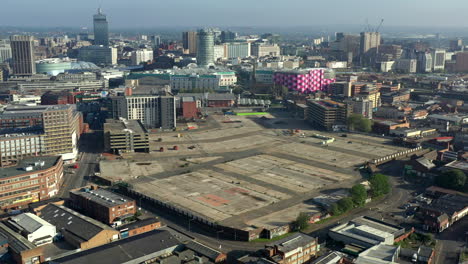 An-aerial-view-of-the-once-site-of-Smithfield-Retail-Market-in-Birmingham,-England-which-has-been-cleared-to-make-way-for-part-of-the-Commonwealth-Games-complex-in-the-city-to-be-staged-in-2022
