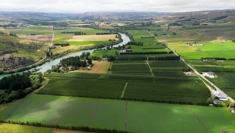 Aerial-panning-view-of-green-and-cultivated-fields-in-Roxburgh-area:-New-Zealand