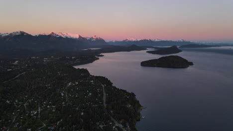 AERIAL---Sunrise-over-Nahuel-Huapi-lake,-Rio-Negro,-Patagonia,-Argentina,-forward