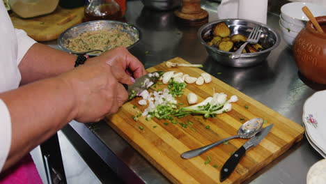 Older-woman-cutting-scallions-and-garlic-when-preparing-vegan-homemade-dinner