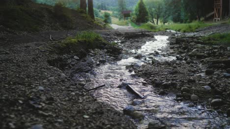 Slow-low-angle-right-panning-shot-of-a-mountain-water-stream-in-the-forest-with-gravel-on-the-banks