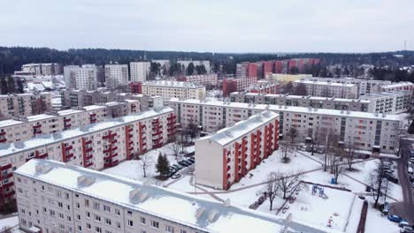 Establish-view-of-Soviet-style-block-buildings-in-Latvia,-Baltic,-aerial