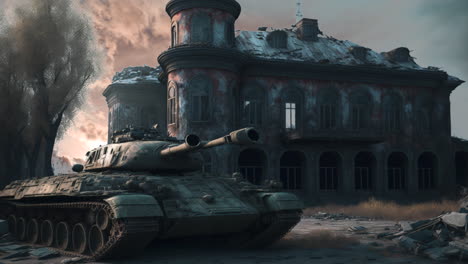 Destroyed-Wreck-War-Tank,-Military-Armoured-Vehicle-and-Destruction-in-Warfare-Battlefield,-Timelapse-Scene