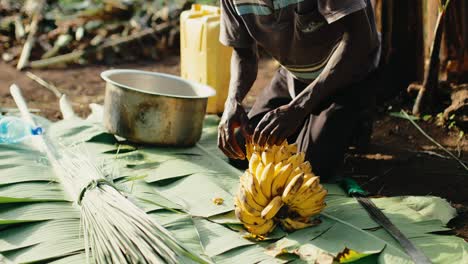Afrikaner-Legen-Bittergelbe-Mbidde-Bananen-In-Einen-Topf-–-Traditioneller-Herstellungsprozess-Von-Bananenalkohol-In-Uganda,-Afrika