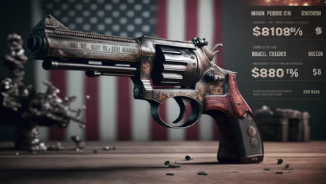 Statistics-of-Gun-Firearm-Violence-in-United-States-of-America,-Analytics-Concept-Illustration-With-American-Flag-in-Background,-Glitch-Effect