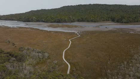 Tautuku-Estuary-wooden-Walkway-with-river-view-in-New-Zealand,-aerial
