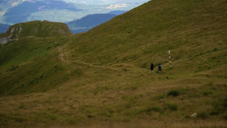 Wide-panning-right-shot-revealing-a-green-mountain-meadow,-with-a-trail-and-two-hikers-walking-through