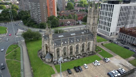 Aerial-drone-flight-around-Saint-George's-Church-in-Manchester-City-Centre