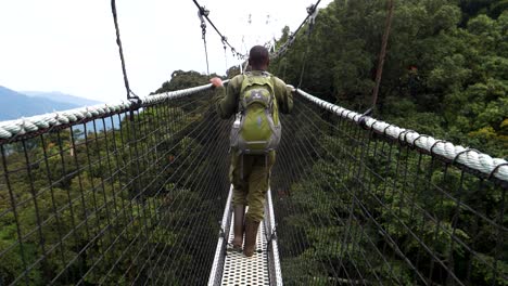 Person-on-Canopy-Walkway-Suspension-Bridge-in-Jungles-of-Rwanda,-Africa