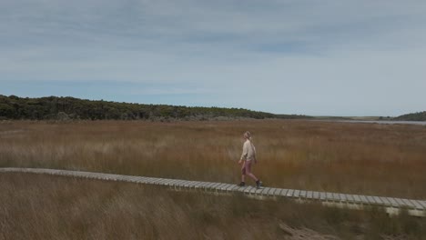 Mujer-Viajera-Visitando-La-Pasarela-Del-Estuario-De-Tautuku-En-Nueva-Zelanda,-Antena