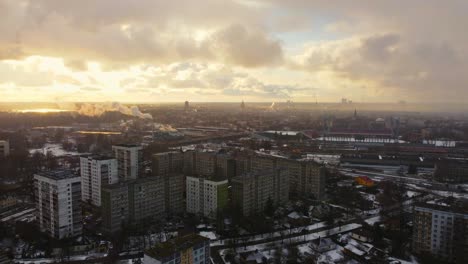 Sensational-establisher-aerial-of-Soviet-buildings-cityscape-at-sunset