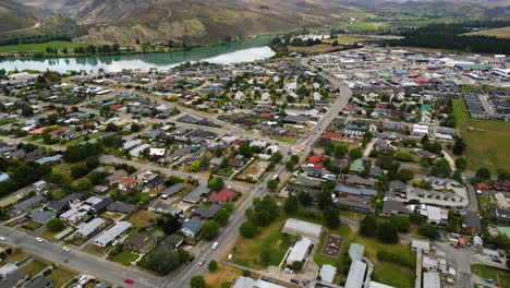 Aerial-panorama-of-Cromwell-town-residential-district,-New-Zealand