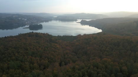 Aerial-view-of-the-large-lake-in-Kashubia,-Poland,-at-sunrise