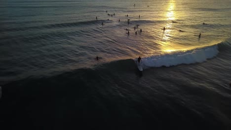 Surfer-riding-wave-in-golden-sunset-reflection-aerial-tracking-backwards