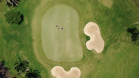 Aerial-Birds-Eye-View-Of-Green-Beside-Sand-Bunker-On-Golf-Course-In-Marbella,-Spain