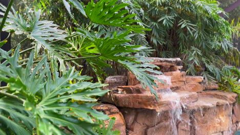 Swimmingpool-Wasserfall-Mit-Kaskadierendem-Wasser,-Umgeben-Von-Tropischen-Bäumen-Und-Pflanzen