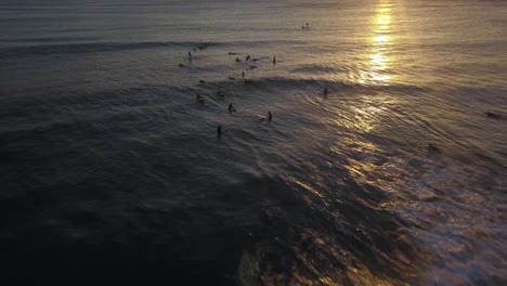 Silhouette-of-surfers-catching-waves-in-golden-sunset-aerial-tilt-down