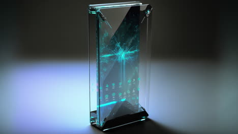 Modernes-Futuristisches-Telefon-Mit-Digitalem-Transparentem-Glasbildschirm,-Studioaufnahme-Eines-Prototypprodukts-Mit-Neuer-Technologie