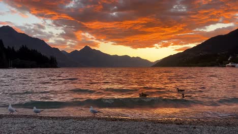 Orange-clouds-vibrant-sunset-over-Lake-Wakatipu-in-Queenstown,-view-from-shore