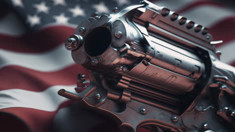 Violencia-Con-Armas-De-Fuego-En-Los-Estados-Unidos-De-América,-Ilustración-Conceptual-De-Armas-Y-Bandera-Estadounidense-En-Segundo-Plano