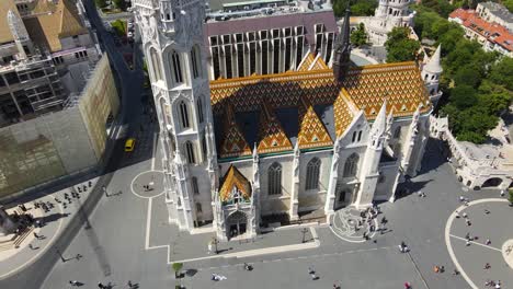 Aerial-view-of-Matthias-Church-and-Holy-Trinity-Square-in-Buda-Castle-district,-Budapest,-Hungary