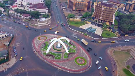 "I-love-my-country-Cameroon"-roundabout-downtown-the-capital-Yaounde,-aerial-view
