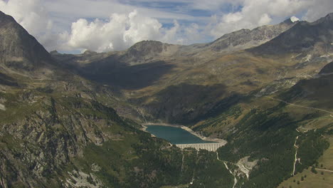 Reservoir-Lake-in-French-Alps,-Vanoise-National-Park---Aerial