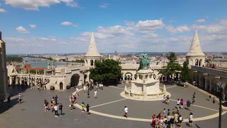 Tourists-at-Saint-Stephen-king's-statue-and-Fisherman's-Bastion,-aerial-view