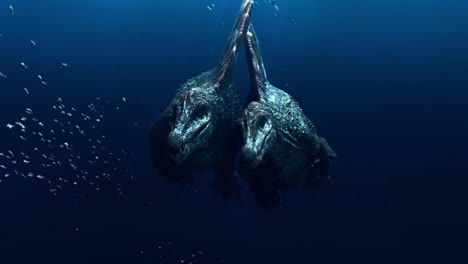 Couple-of-underwater-dinosaurs-swimming-together-before-mating,-jurassic-period,-dinosaur-background