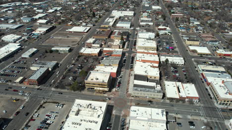 Aerial-View-of-Downtown-Twin-Falls,-Idaho-USA,-Buildings-and-Street-Traffic,-Drone-Shot