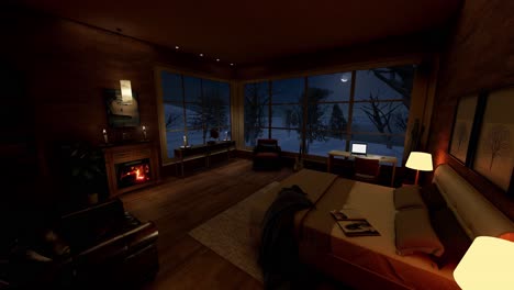 Innenraum-Eines-Schlafzimmers-In-Einer-Chalet-Hütte-Inmitten-Einer-Verschneiten-Landschaft-In-Der-Winternacht,-Keine-Computergenerierten-Animationen-Von-Menschen