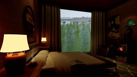 Ambient-raining-forest-bedroom-animation,-fire-is-burning-and-giving-a-feeling-of-comfort,-warmth,-and-relaxation