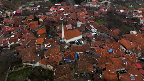 Aerial-View-Over-Rooftops-Of-Cumalikizik-Village-In-Bursa,-Turkey---drone-shot