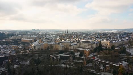 Drone-shot-of-Luxembourg-city-one-snowy-day-in-winter