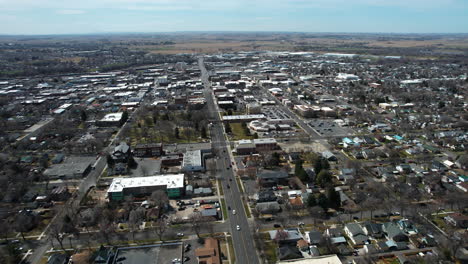 Downtown-Twin-Falls,-Idaho-USA,-Aerial-View-of-Cityscape-on-Sunny-Autumn-Day