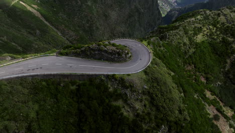 Overhead-View-Of-A-Hairpin-Turn-Road-In-The-Mountain-Of-Madeira-Island,-Portugal