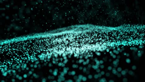 Animation-of-abstract-blue-flickering-particles-in-motion-on-a-black-background,-blue-particles-focus