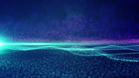 Abstract-blue-and-purple-light-particle-motions,-forming-floating-surface-while-reflecting-on-dark-background