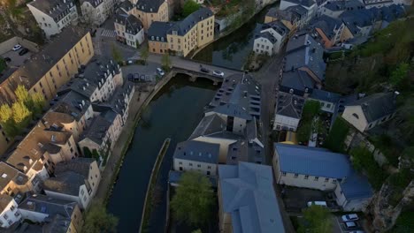 Drone-shot-of-Pont-du-Grund-in-Luxembourg-city-early-in-the-morning