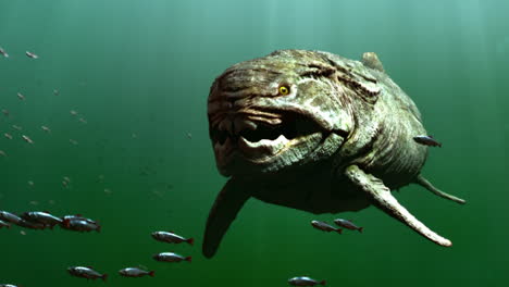3D-render-animation-of-prehistorian-dinosaur-fish-underwater,-swimming-along-together-with-smaller-fish