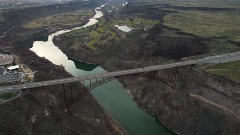 Perrine-Bridge,-US-Route-93-Highway,-Twin-Falls-Idaho-USA,-Drone-Aerial-View