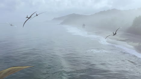 Pterosaurs-dinosaurs-flying-over-the-beach-in-a-jurassic-park,-3D-render-animation-of-a-prehistoric-landscape-scene