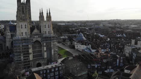 Rotating-drone-shot-of-Canterbury-Cathedral-on-a-cold-winters-day-in-Kent,-UK