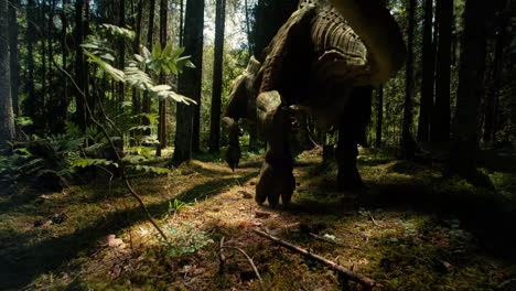 Group-of-t-rex-tyrannosaurus-walking-in-the-middle-of-a-jurassic-forest,-seen-from-behind,-dinosaurs